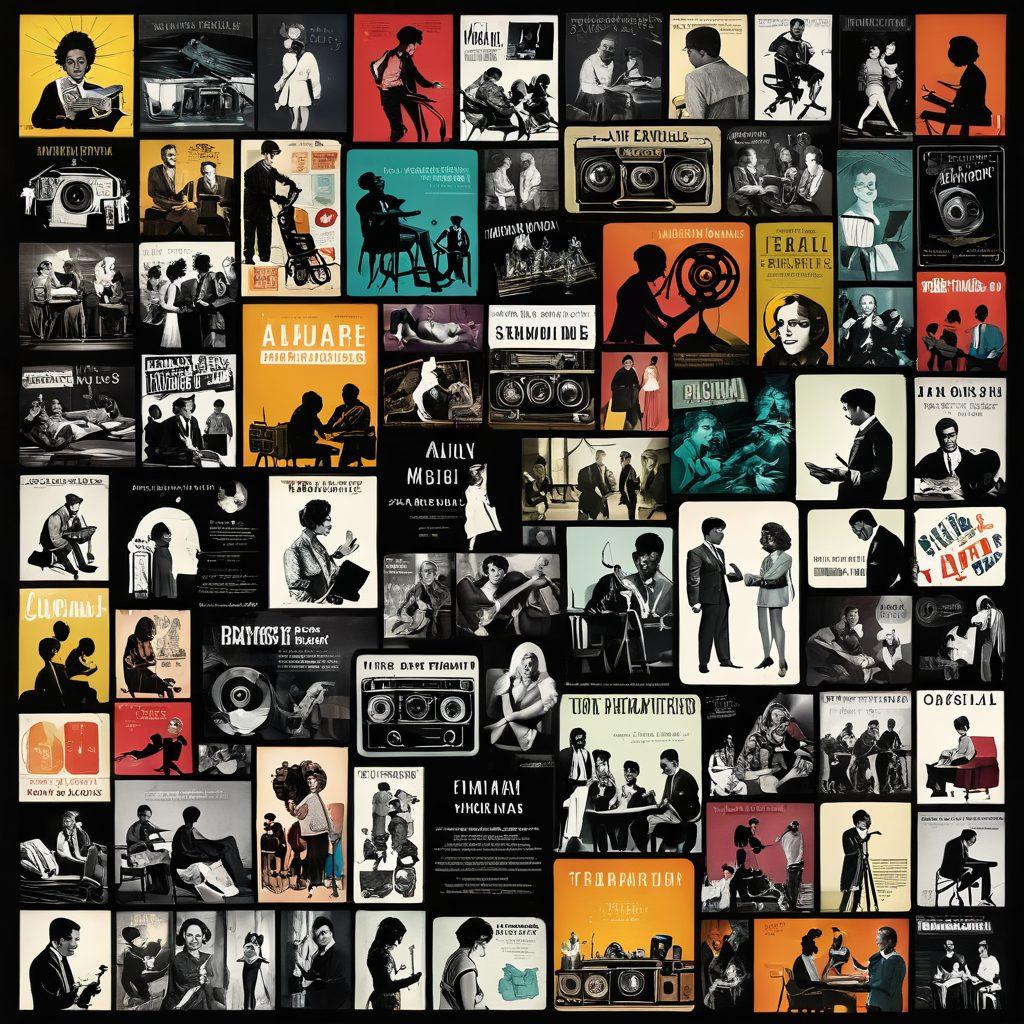 A dynamic collage showcasing a spectrum of adult media, including vintage film reels, colorful fetish accessories, and diverse individuals engaging in creative expressions. The background features a film set ambiance with soft lighting and a director's chair, blending education and artistry. Overlapping film strips reveal snippets of informational text about the evolution of adult media. Include elements symbolizing understanding and acceptance, like open books and speech bubbles. vibrant colors. modern art style.